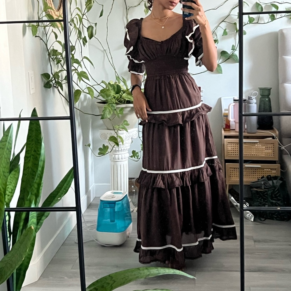 Anthropologie Brown Maxi Dress with White Trim